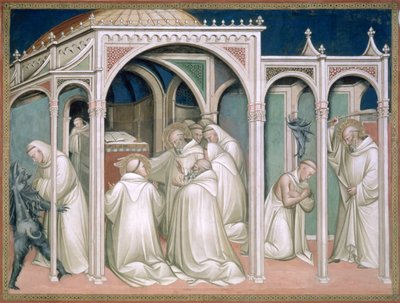 El Santo Libera a un Monje Poseído, detalle de la Vida de San Benito, en la Sacristía, 1387 de Aretino Luca Spinello or Spinelli